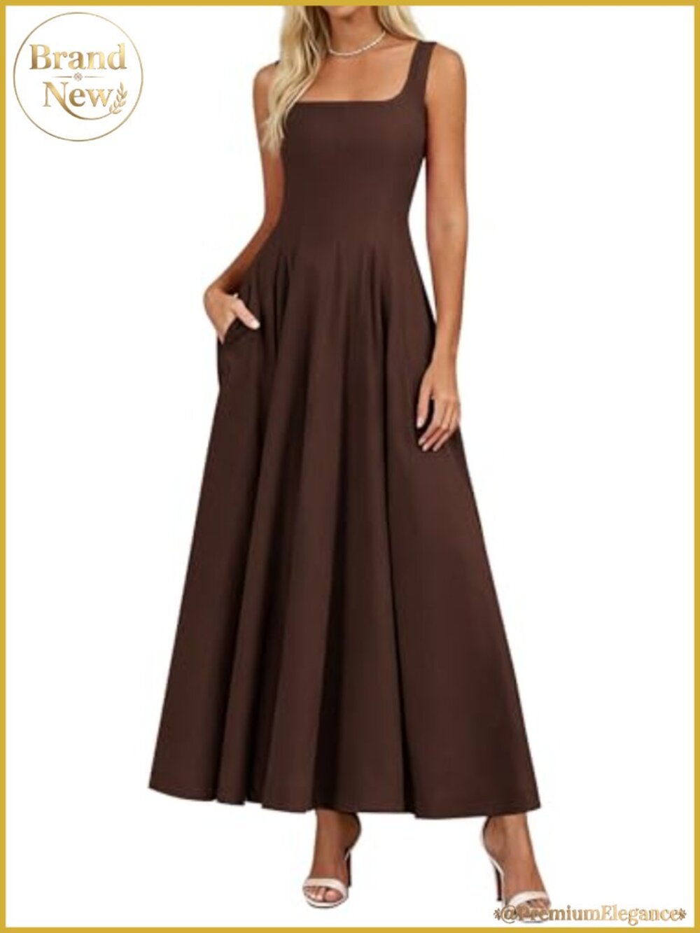 Sleeveless A-Line Midi Dress with Pockets Square Neck Flowy Formal